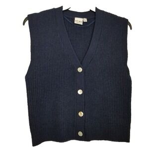 ICHI Studio Women Ribbed Knit Button Up Sweater‎ Vest Sz S Navy Wool Classic